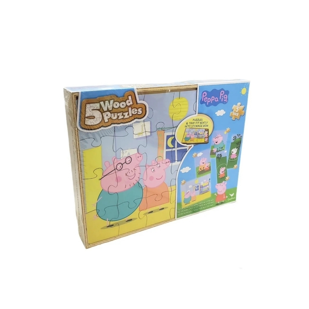 Peppa Pig 5 Wood Puzzles & Tray into Wooden Storage Box - Cardinal- New